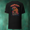 Black t-shirt with colorful gecko graphic design on the back against a teal background