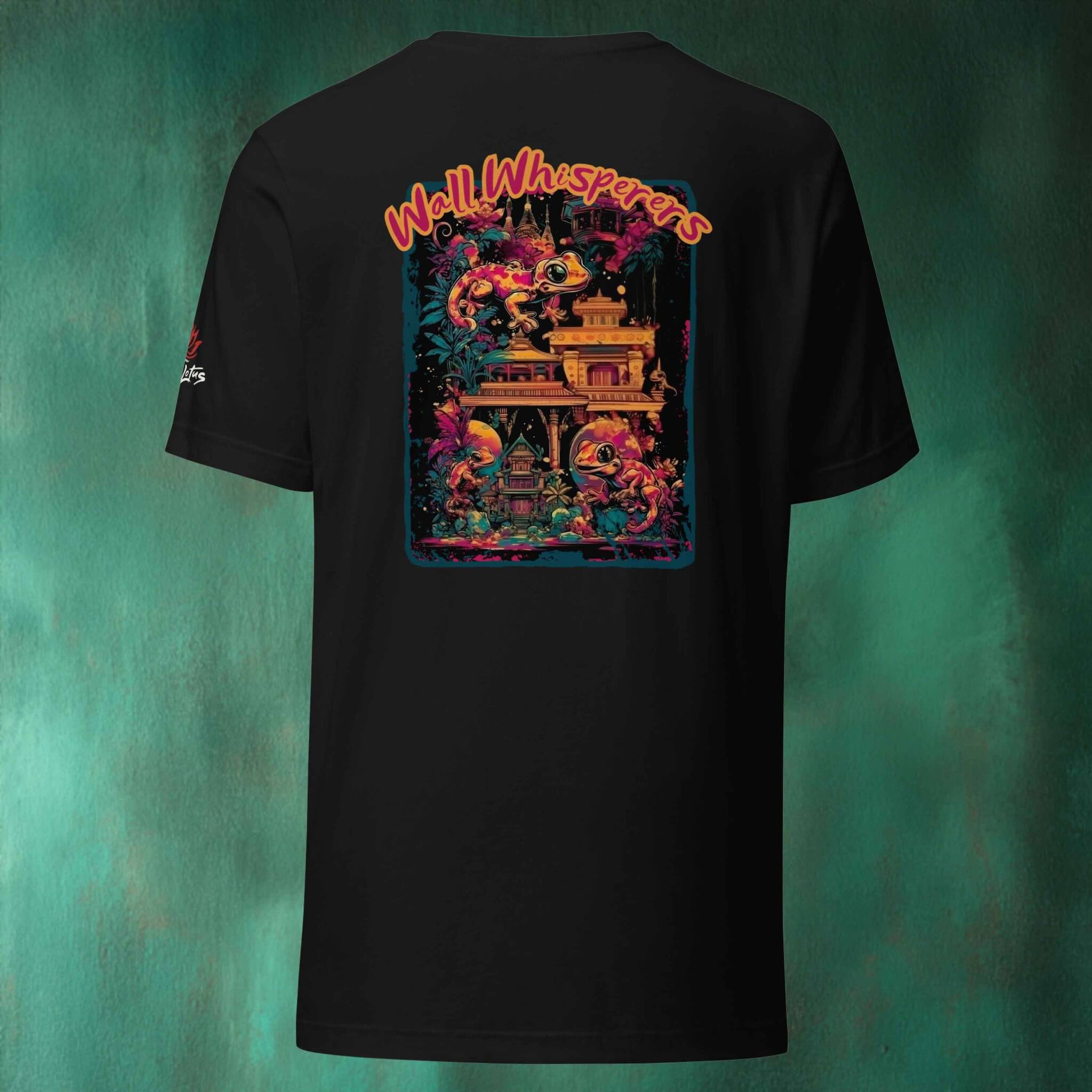 Black t-shirt with colorful gecko graphic design on the back against a teal background
