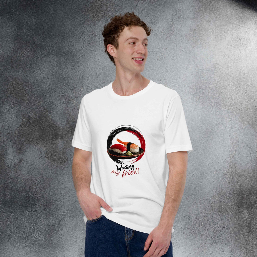 Person wearing a white t-shirt with a sushi graphic design and text against a gray background