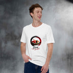Person wearing a white t-shirt with a sushi graphic design and text against a gray background