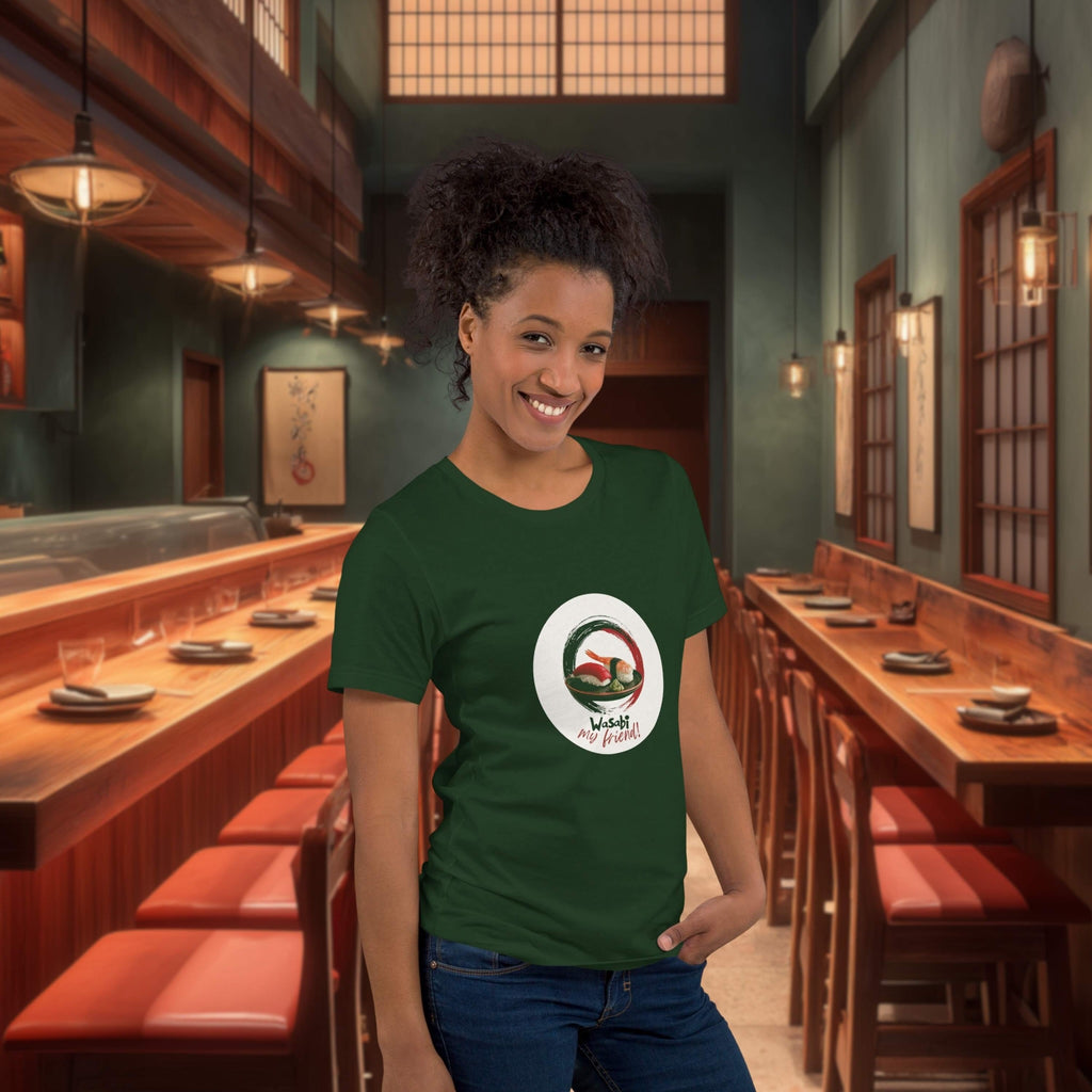 Woman wearing a green t-shirt with a sushi graphic in a sushi restaurant 