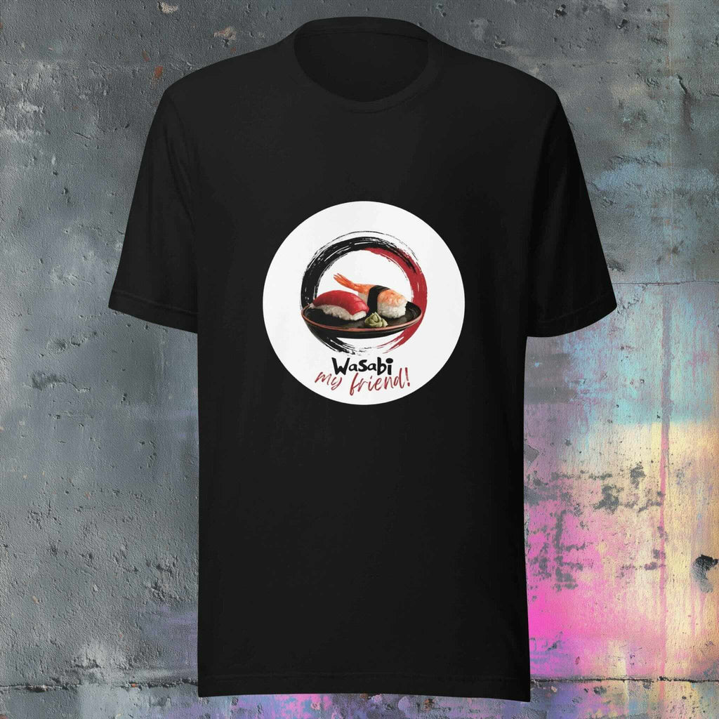 Black t-shirt with a graphic of sushi and 'Wasabi my friend!' text on a textured wall background