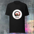 Black t-shirt with a graphic of sushi and 'Wasabi my friend!' text on a textured wall background