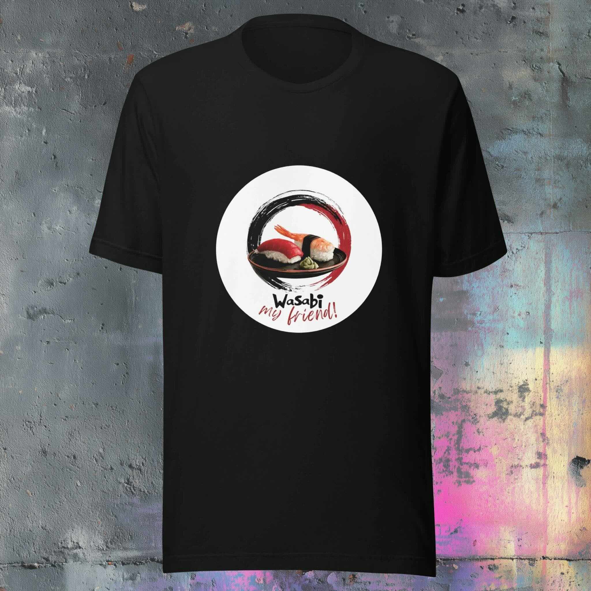 Black t-shirt with a graphic of sushi and 'Wasabi my friend!' text on a textured wall background