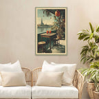 Framed artwork of a street scene in Bangkok on a wall above a sofa with decorative pillows.