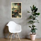 Vertical Thailand poster Wat Arun with muted retro color palette against hallway wall