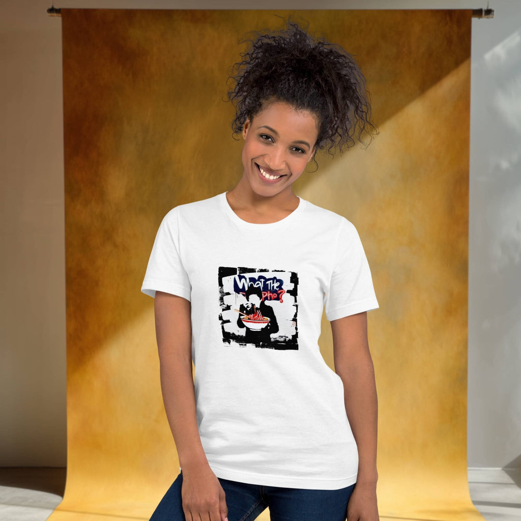Woman wearing a white t-shirt with a graphic design on a yellow backdrop
