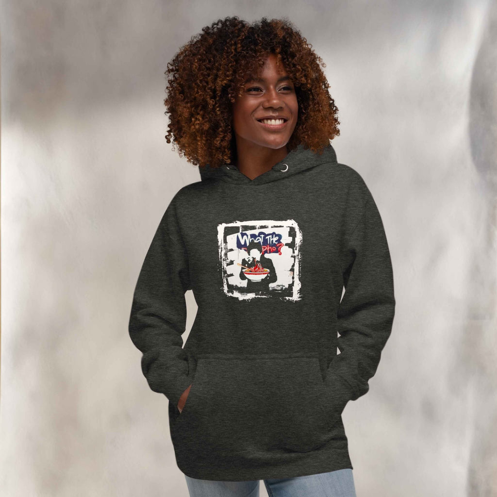 Person wearing a dark gray hoodie with a vietnamese pho graphic design, standing against a plain background.
