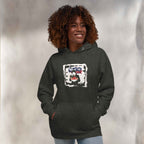 Person wearing a dark gray hoodie with a vietnamese pho graphic design, standing against a plain background.