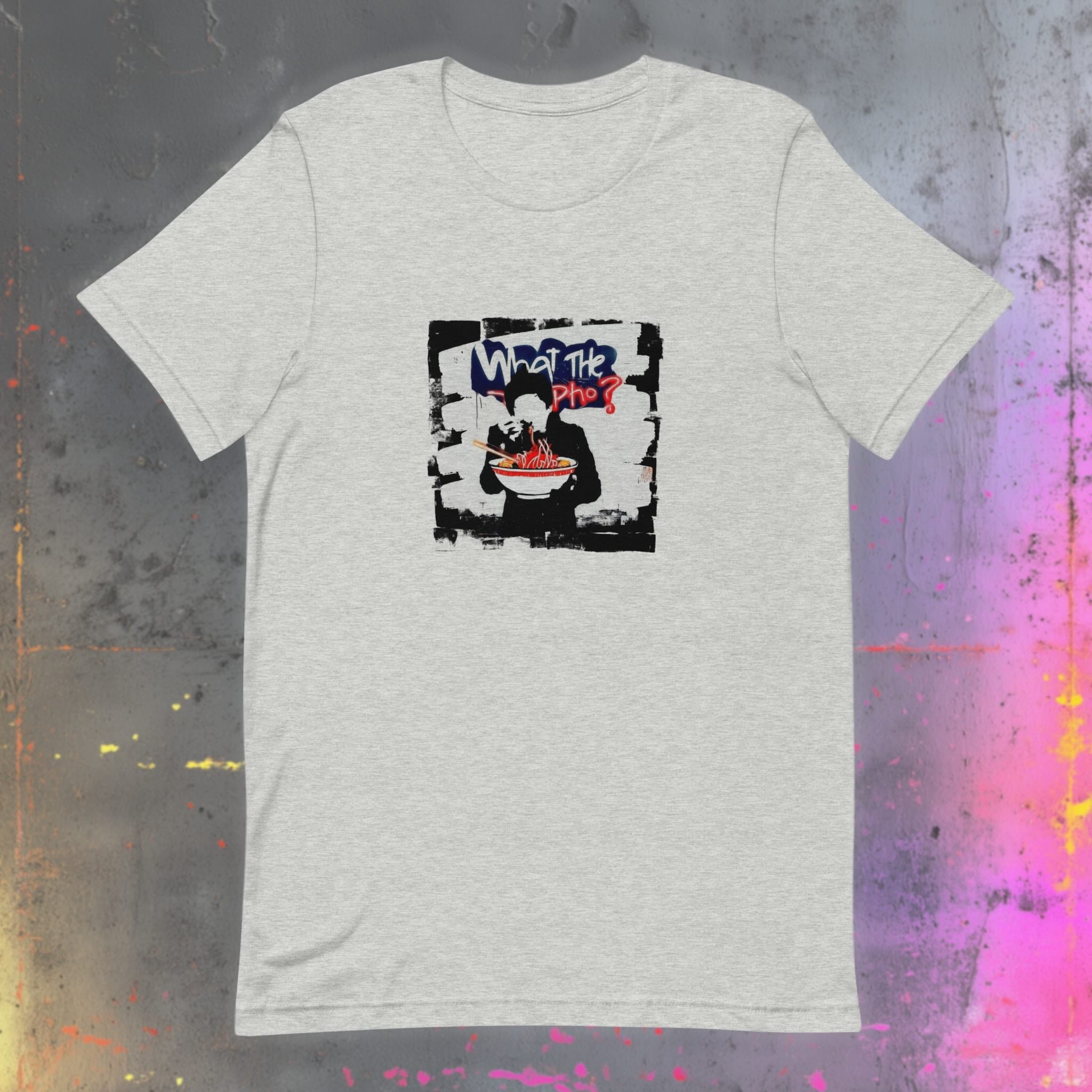 What the Pho flatlay t-shirt front view showing regular unisex fit