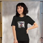 Person wearing a black t-shirt with a graphic design of 'what the pho?' against a neutral background