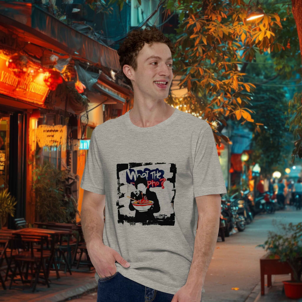 Model wearing What the Pho t-shirt at an urban café street food setting