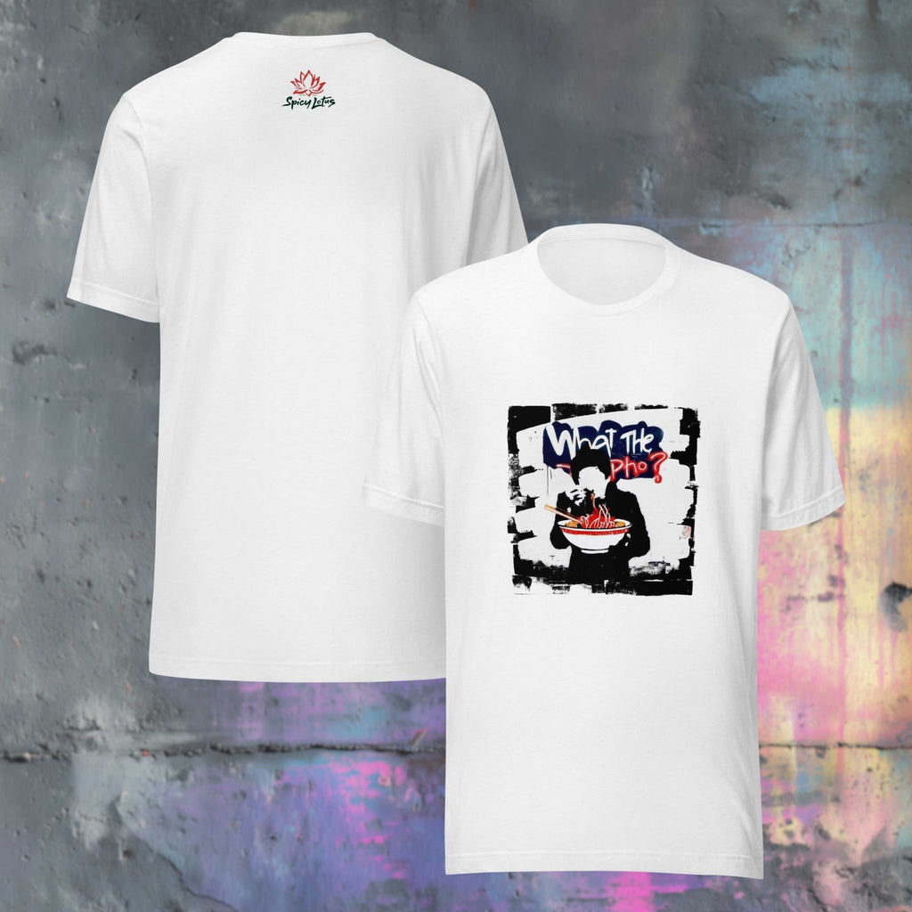 What the Pho ghost t-shirt front/back view showing regular unisex fit