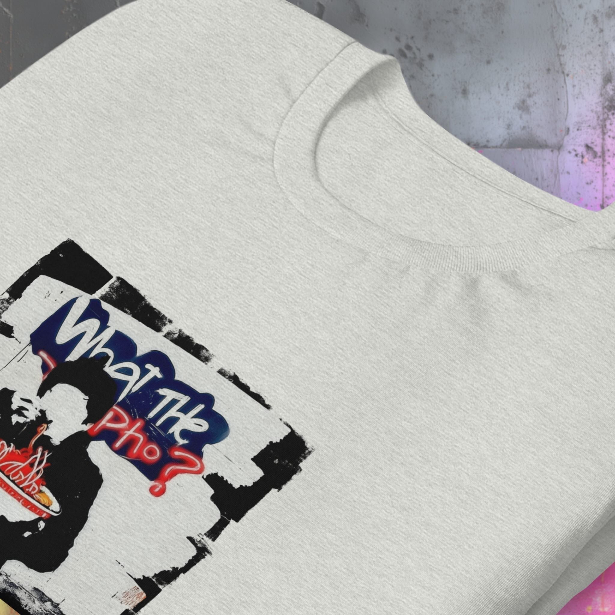 Folded What the Pho street food graphic t-shirt showing front design