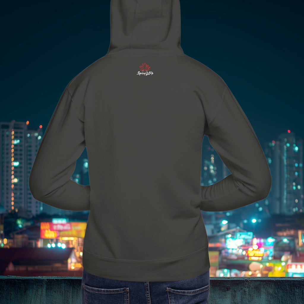 Rear view of What the Pho hoodie showing relaxed unisex fit