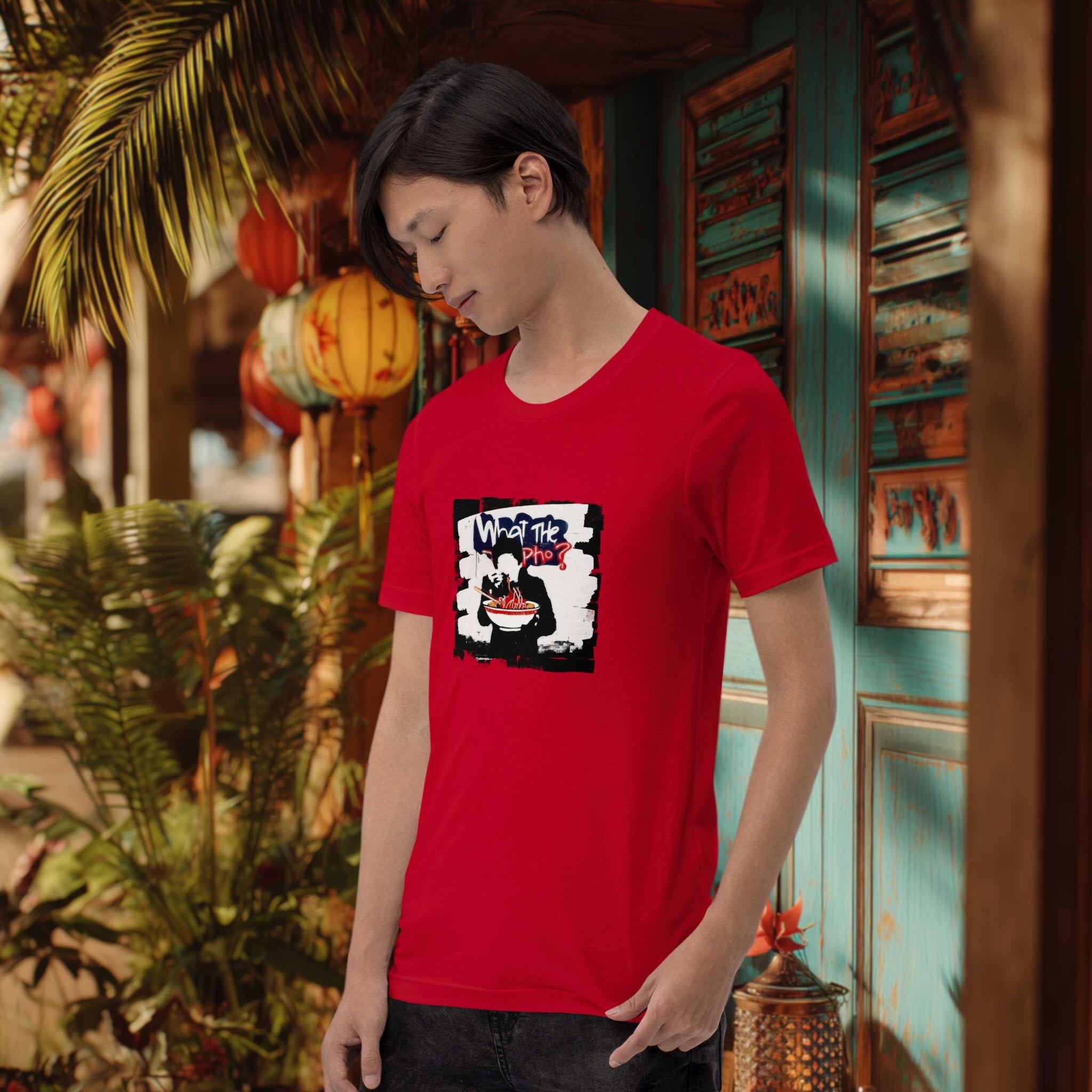 Model wearing What the Pho t-shirt at an urban café setting
