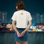 Model wearing I Love You Very Mochi crop top back on casual city walk