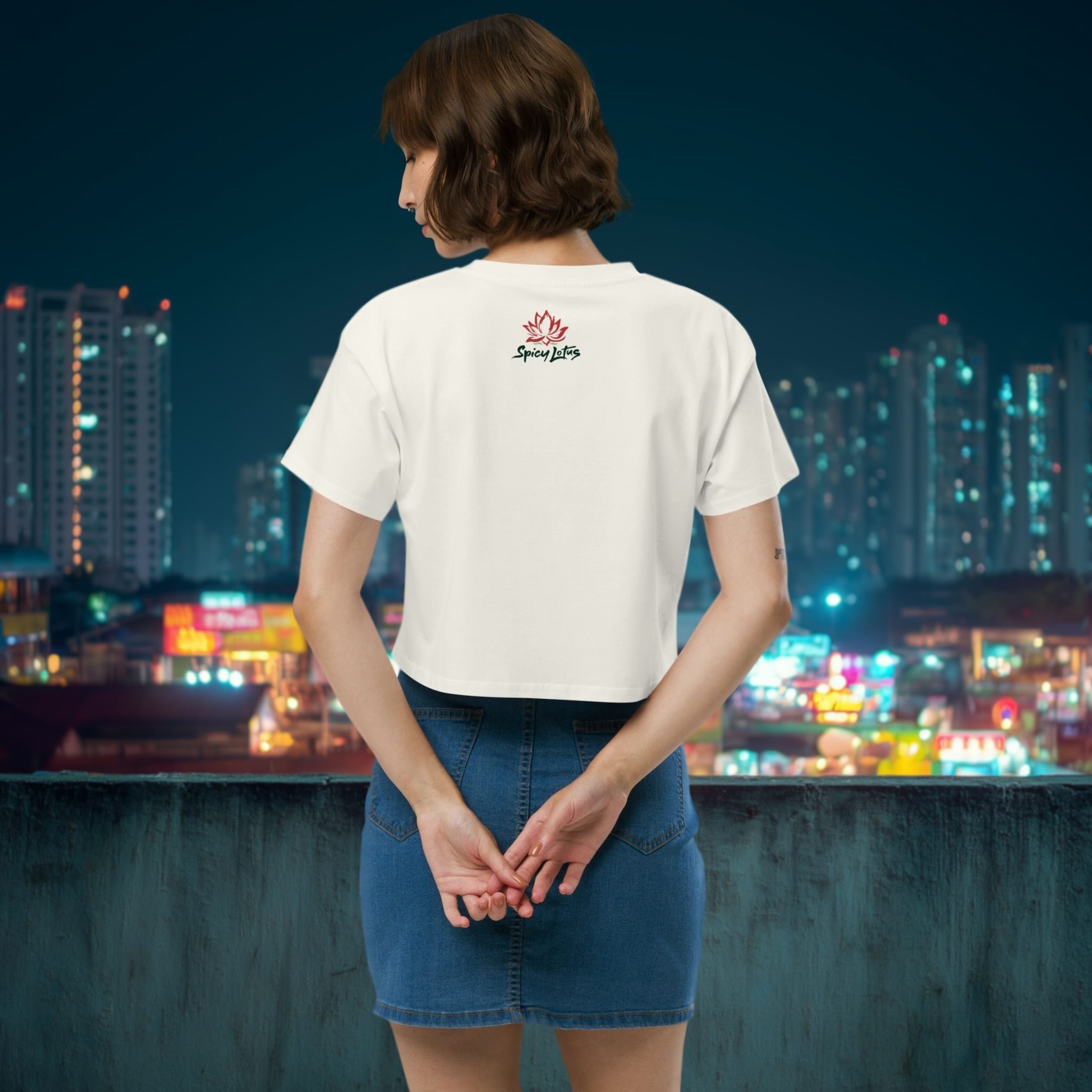 Model wearing I Love You Very Mochi crop top back on casual city walk