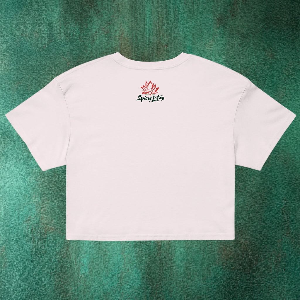 Flatlay back I Love You Very Mochi crop top showing full mochi illustration