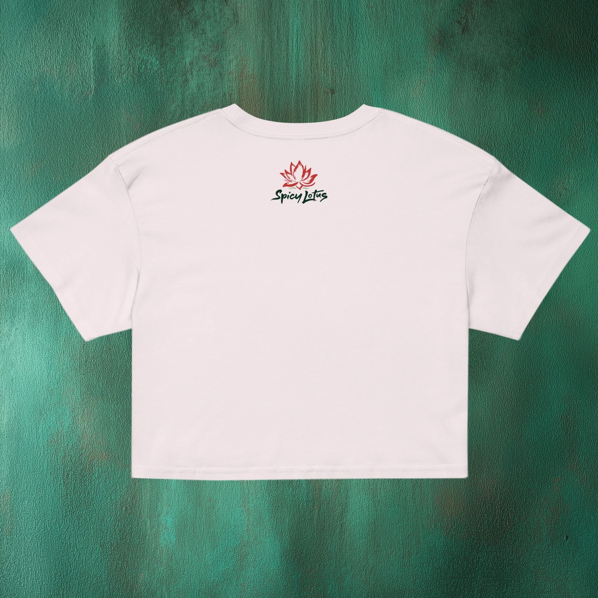 Flatlay back I Love You Very Mochi crop top showing full mochi illustration